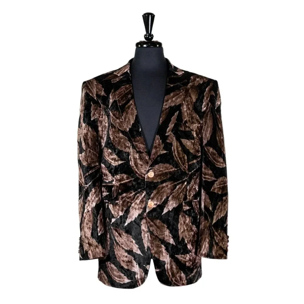 Mens Blazer Brown Black Floral Velvet Luxury Dress Formal Jacket Sport Coat 42R